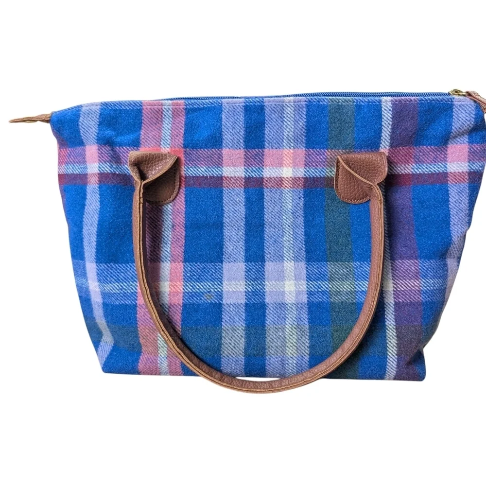 Woman Within Plaid Blue Brown White Pink Green Women's Handbag EUC Zipper Pocket - Picture 4 of 11